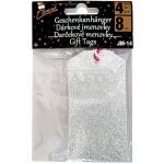 Jmenovky na dárky, stříbrné třpytivé, na šňůrku, 4 ks