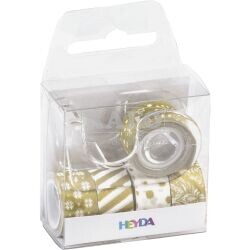 Dekorativní lepící páska mini + odvíječ, 1,2 cm x 3 m, zlatá, 5 ks