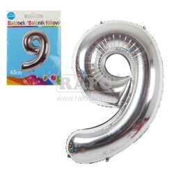 Balónek číslo 9, stříbrný, 40 cm