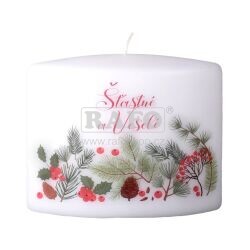 Svíčka Šťastné a Veselé, bílá, 12 x 9 x 5 cm