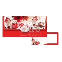 Obálka na peníze vánoční - Červené vločky a perníčky