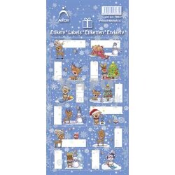 Samolepky - jmenovky vánoční na dárky, Medvídci a srnky modré, 12 ks