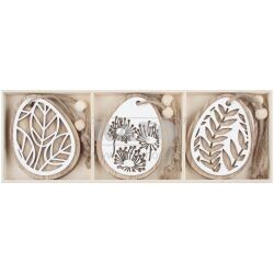 Vajíčko dřevěné bílé na zavěšení 7,5 cm, 6 ks