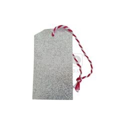 Jmenovky na dárky, stříbrné třpytivé, na šňůrku, 4 ks