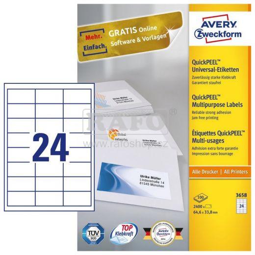 Samolepicí štítky Zweckform, 3658, 64.6x33.8mm, 100 archů A4