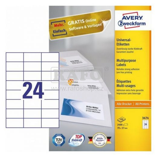 Samolepicí štítky Zweckform, 3474, 70 x 37 mm, 100 archů A4
