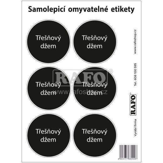 Omyvatelné samolepky na třešňový džem, černé, 6 ks, průměr 55 mm