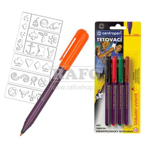 Sada fixů Centropen 2880, 4 barvy tetovací + šablona