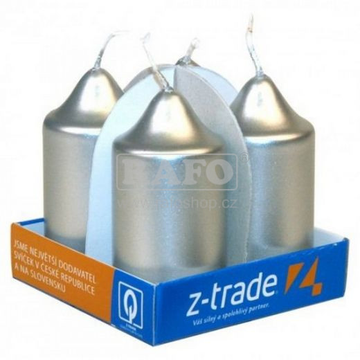 Svíčka válec metalická stříbrná, 4 ks