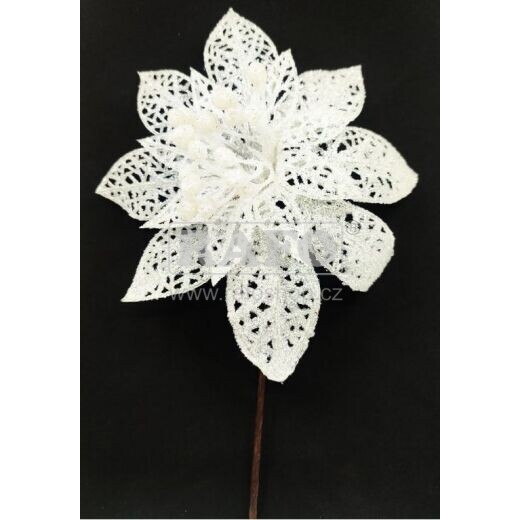 Dekorace zmrzlá růže bílá, glitter, 14 cm